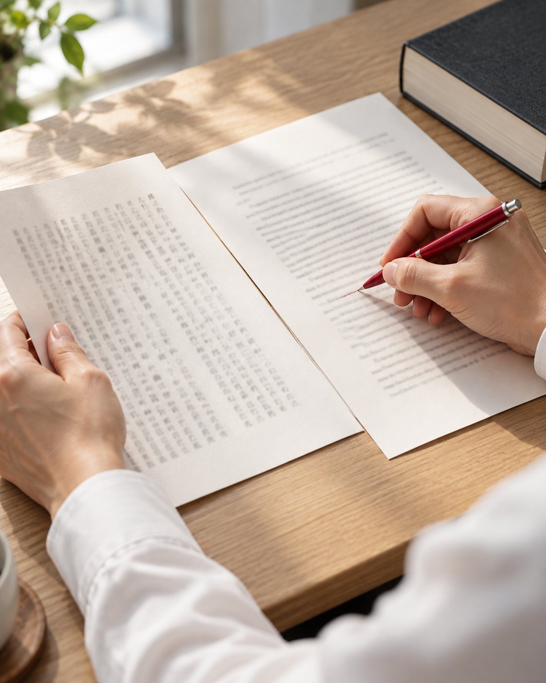 原稿に赤ペンを入れる翻訳者の手元